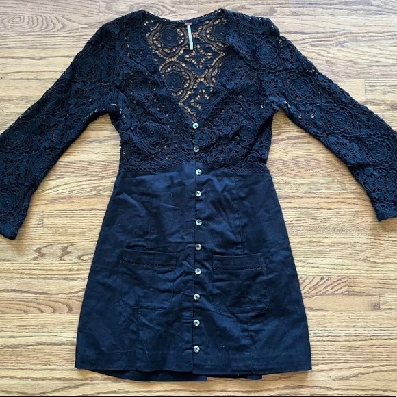 FREE PEOPLE Black Lace Top Button Down Midi Dress w Half Sleeves Women's Size S - Picture 1 of 4